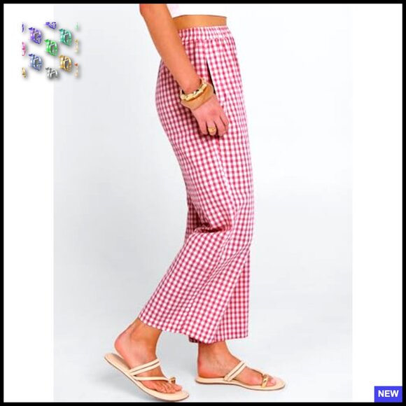 Striped Gingham Palazzo Pants Wide Leg Cropped Lounge Pajama Bottoms with - Picture 4 of 7